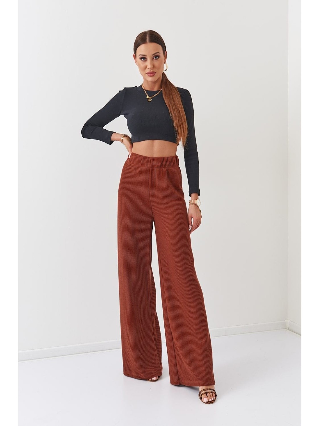 Ribbed wide knitted trousers, dark brown, 5027 - Online store - Boutique